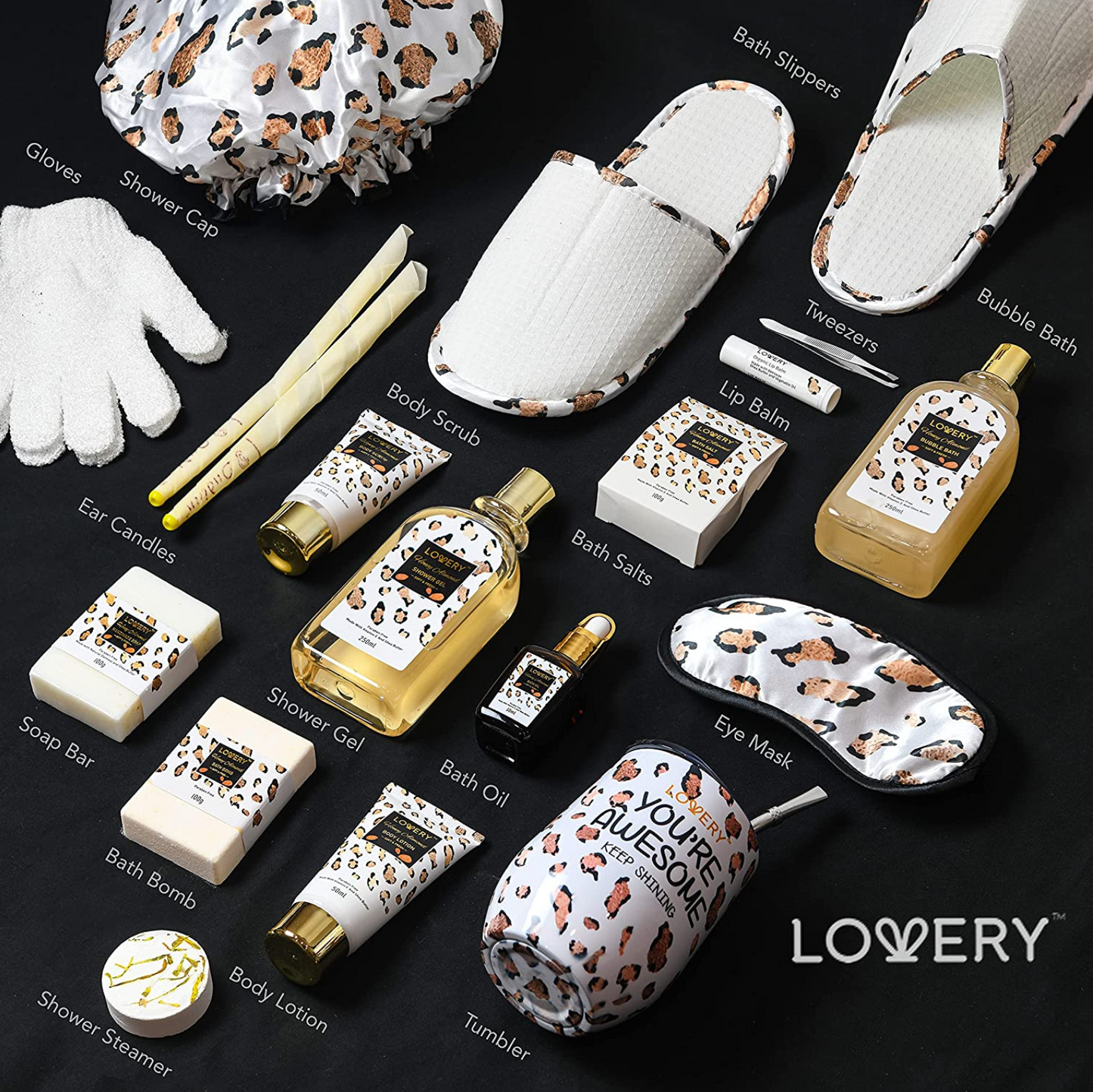 Honey Almond Home Spa Kit - 24Pc Deluxe Bath and Body Leopard Print Gift Basket