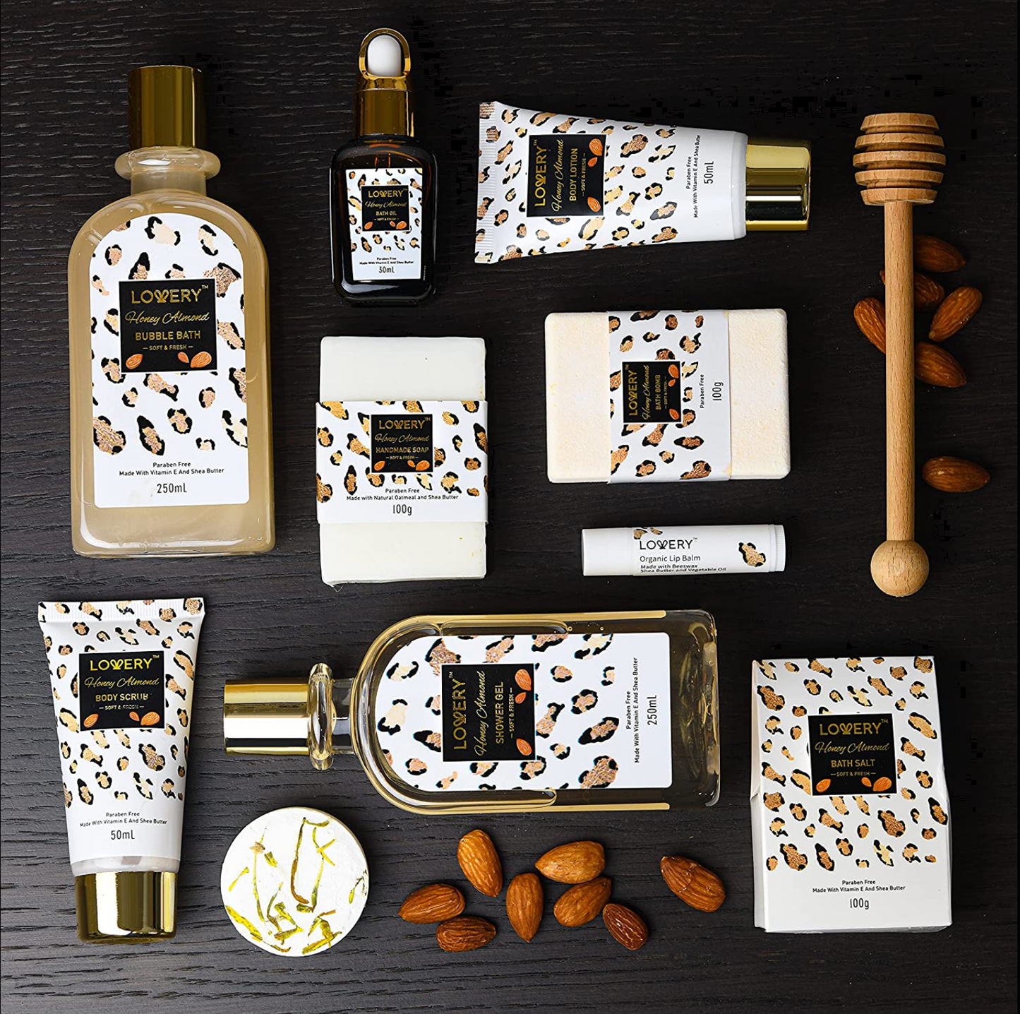Honey Almond Home Spa Kit - 24Pc Deluxe Bath and Body Leopard Print Gift Basket