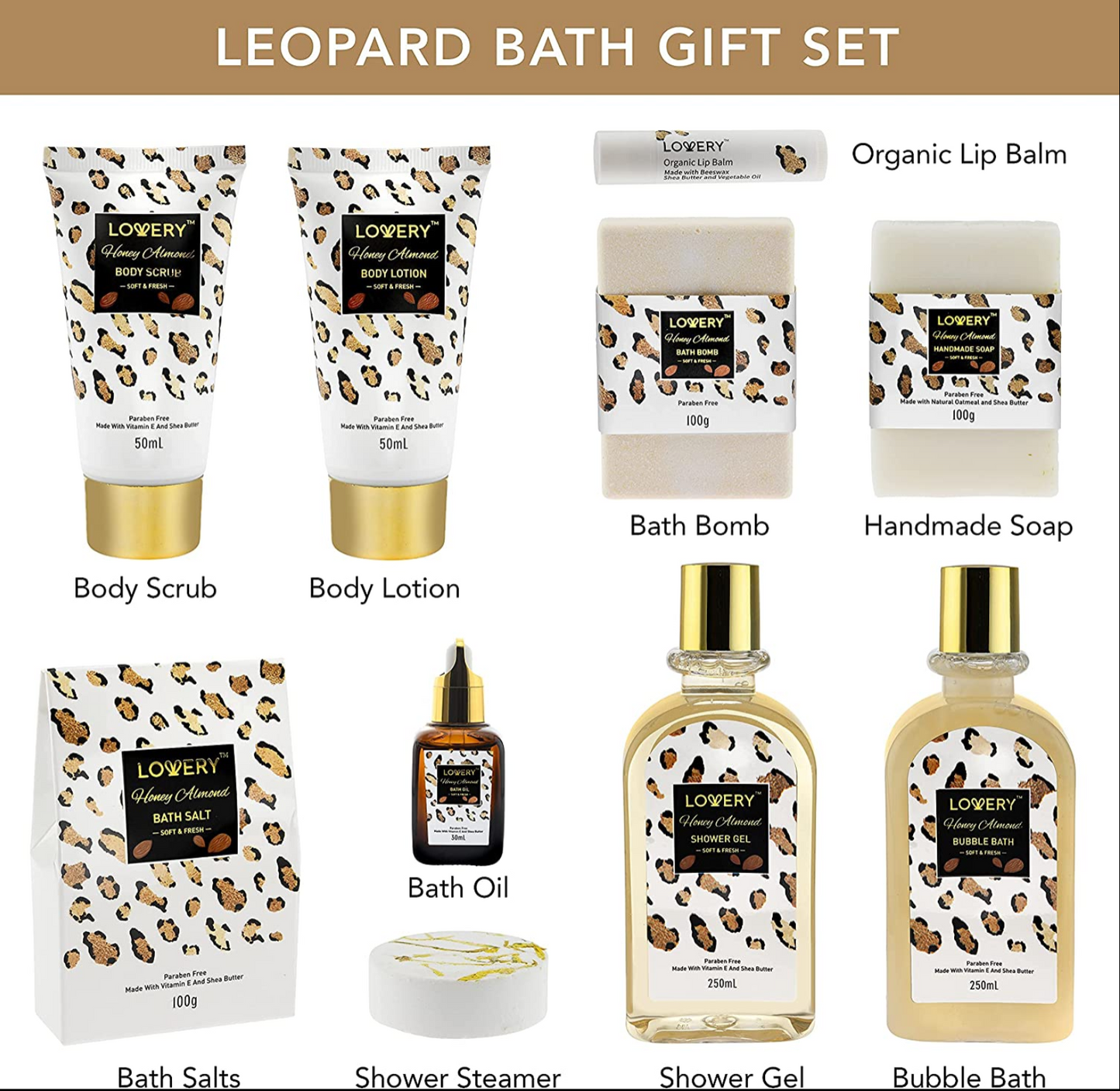 Honey Almond Home Spa Kit - 24Pc Deluxe Bath and Body Leopard Print Gift Basket