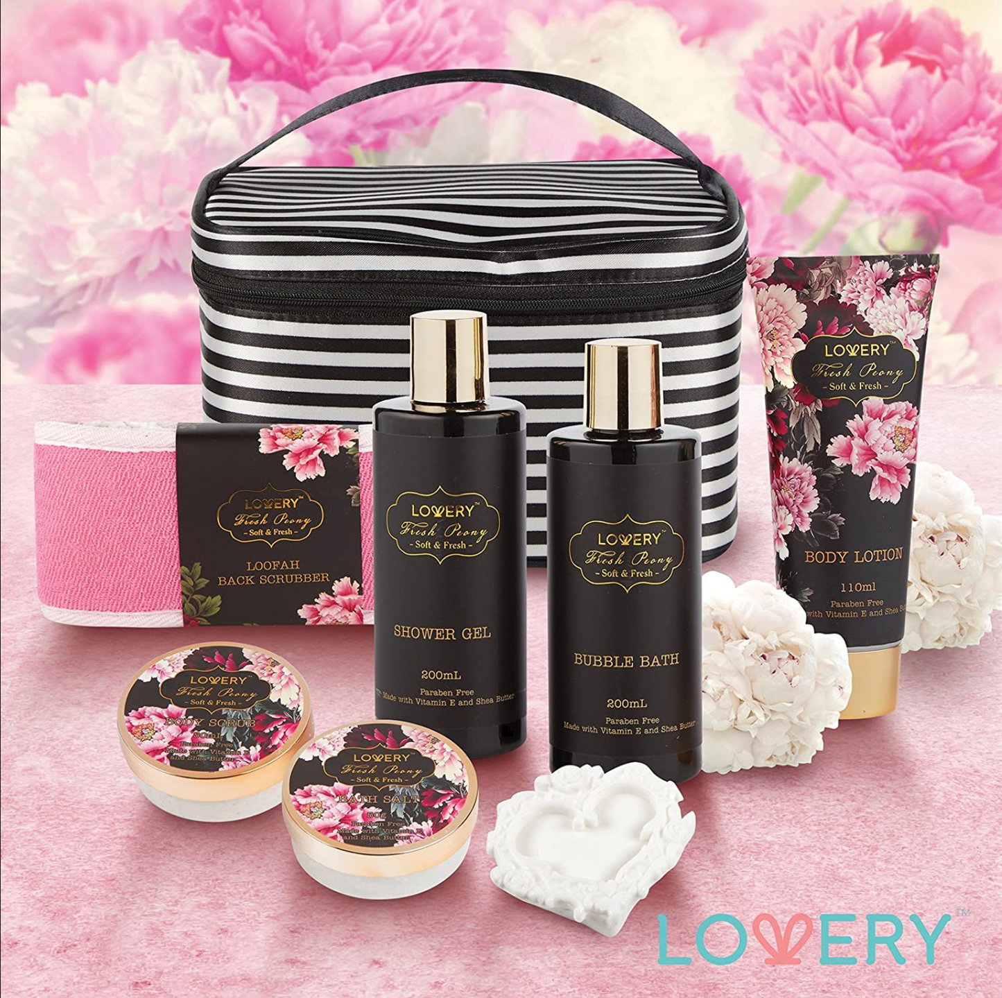 Fresh Peony Spa Gift Basket - 13Pc Deluxe Self Care Cosmetic Bag