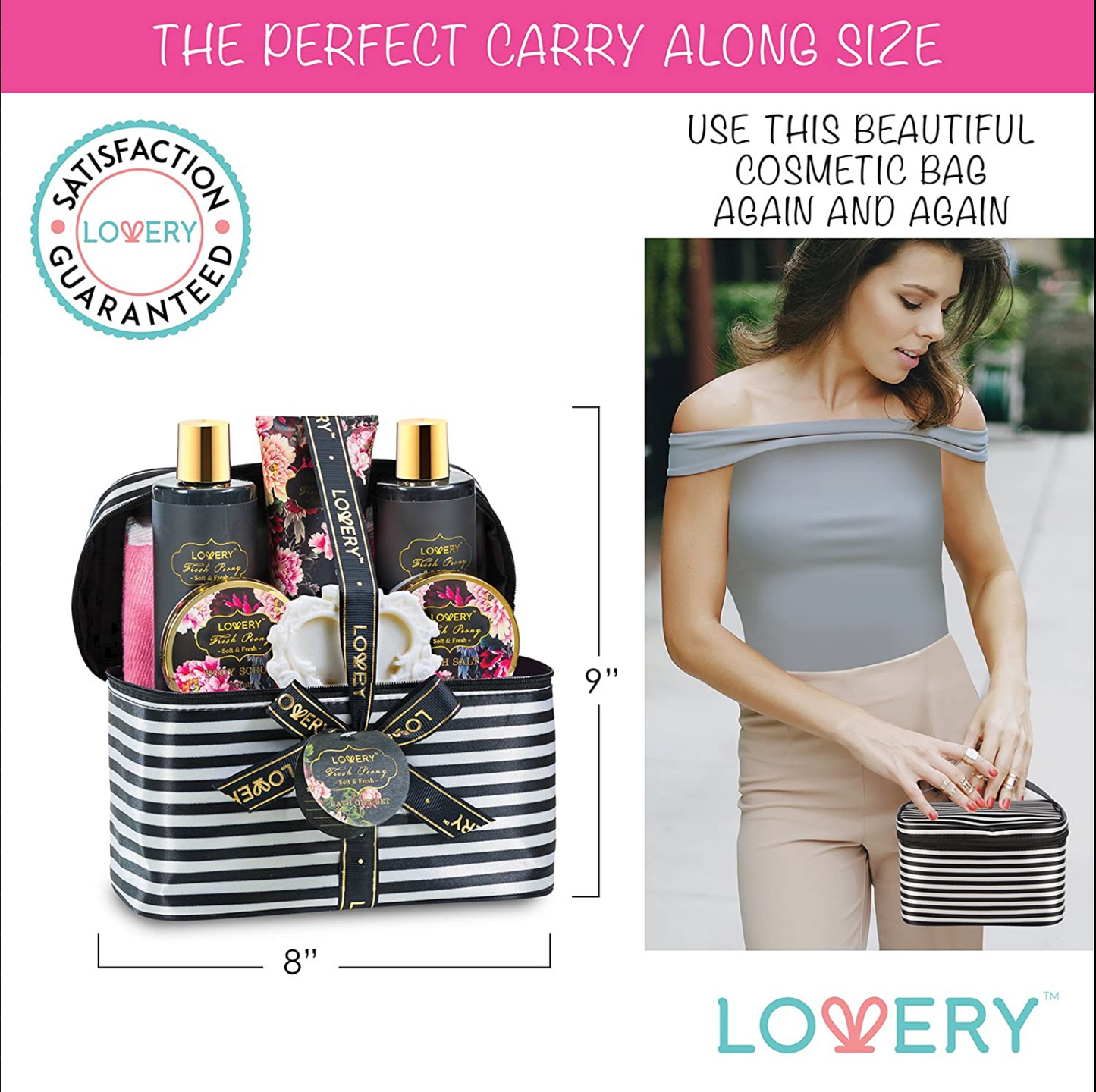 Fresh Peony Spa Gift Basket - 13Pc Deluxe Self Care Cosmetic Bag