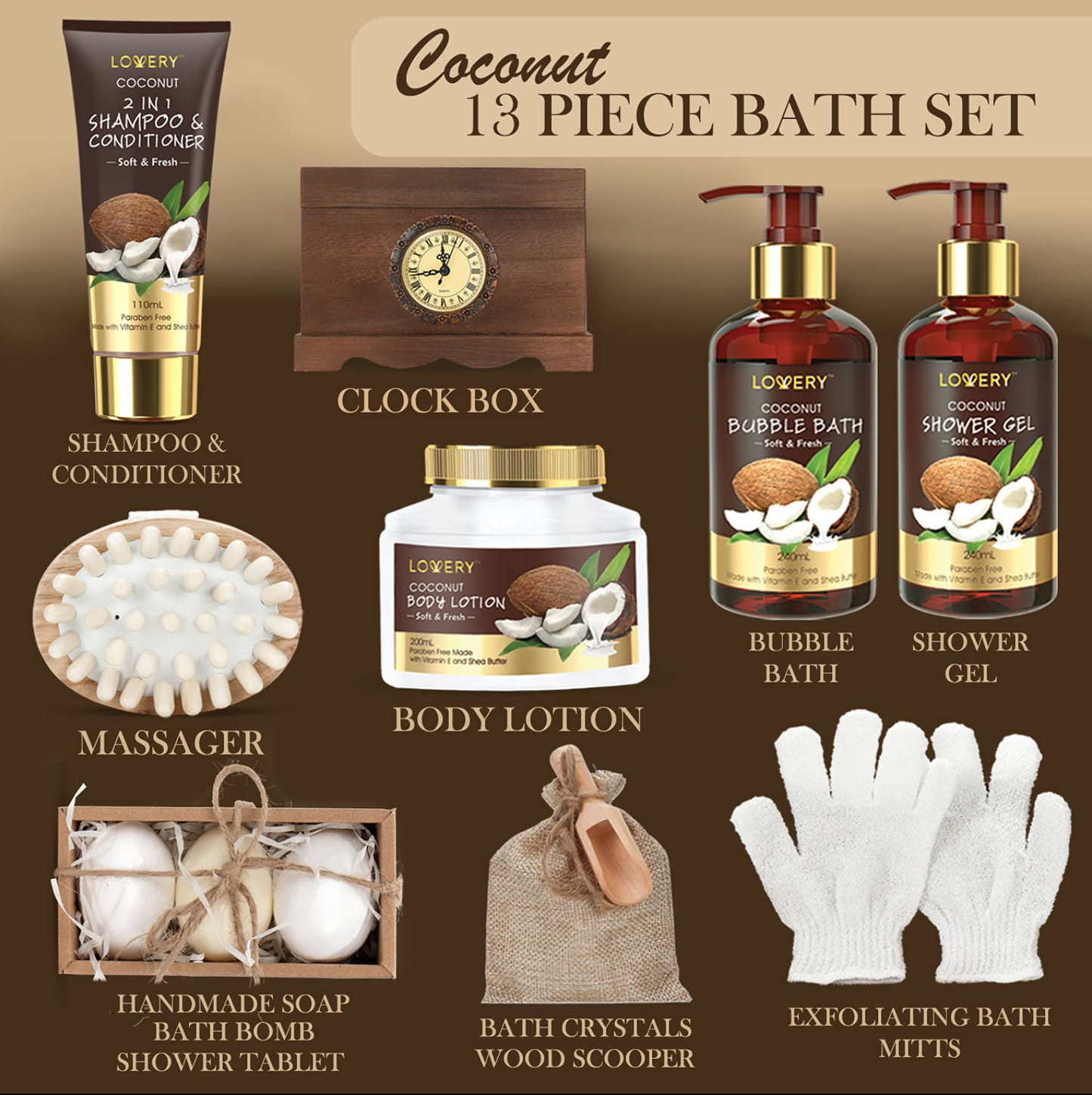 Vintage Style Coconut Deluxe Home Bath Gift Set - 16Pc Body Care