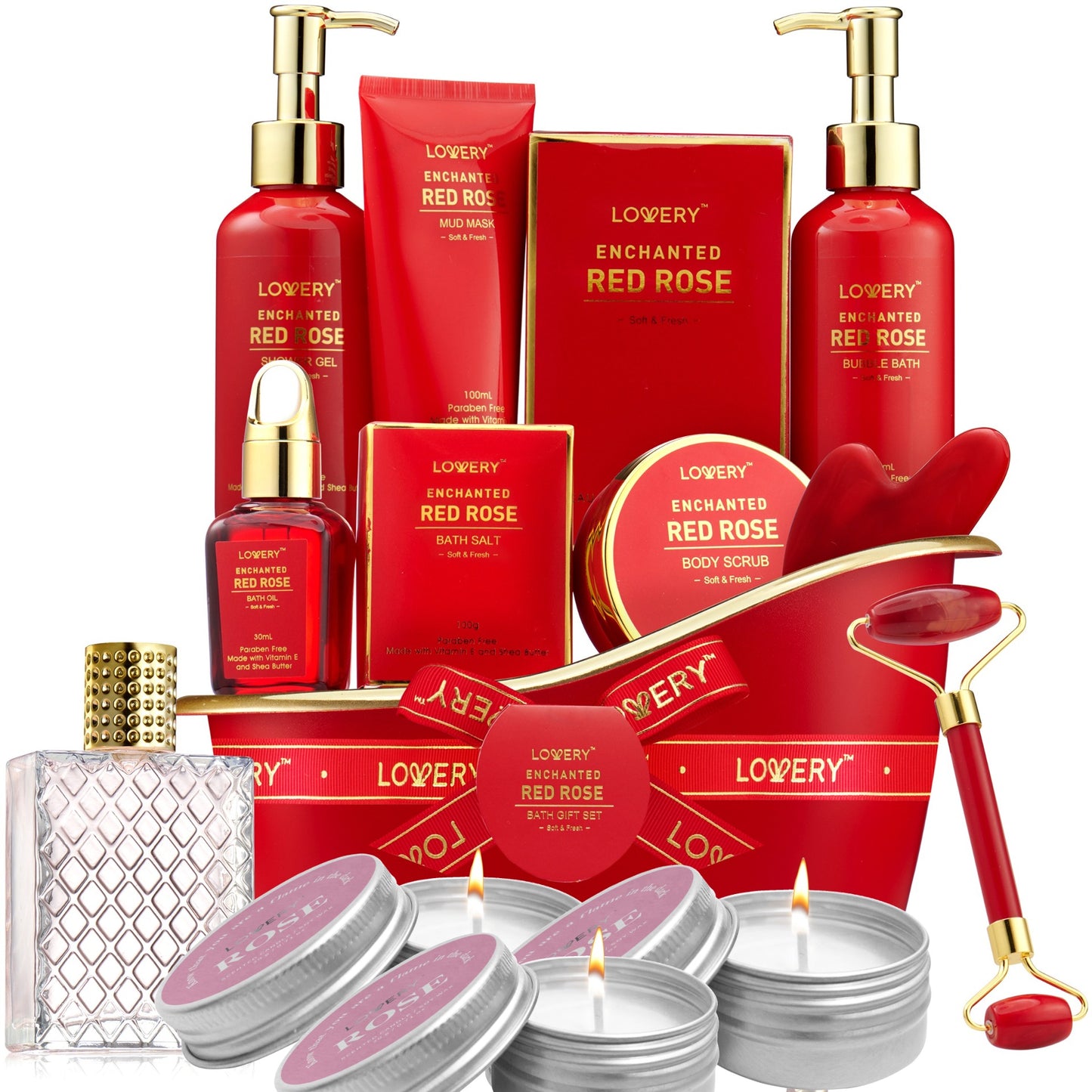 Red Rose Deluxe Home Spa and Bath Basket - 14Pc Self Care Gift