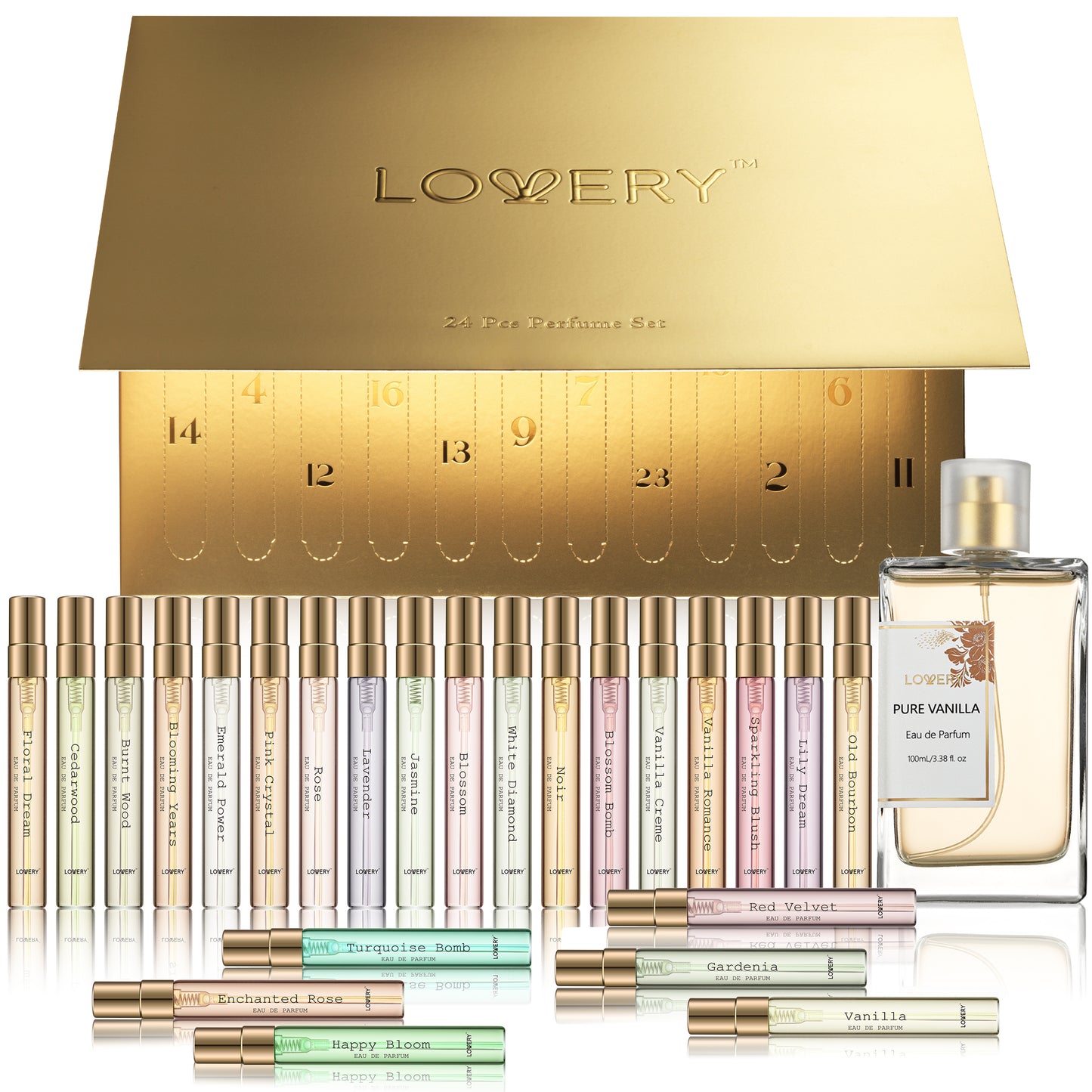 Luxury 25pc Perfume Gift Box - Assorted Fragrances for Men and Women with Full Size Vanilla EDP