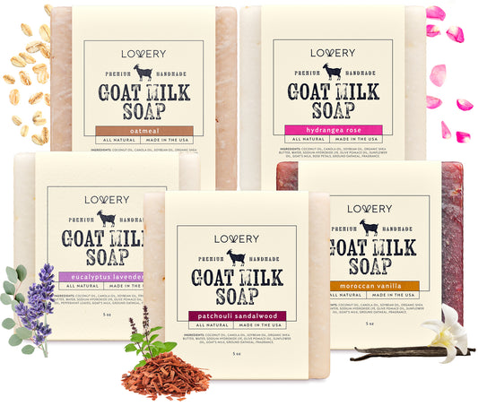 Handmade Goat Milk Soap Bars with Organic Shea Butter -  5Pack Oatmeal, Eucalyptus Lavender, Moroccan Vanilla, Hydrangea Rose, Patchouli  Sandalwood Scents Made in USA