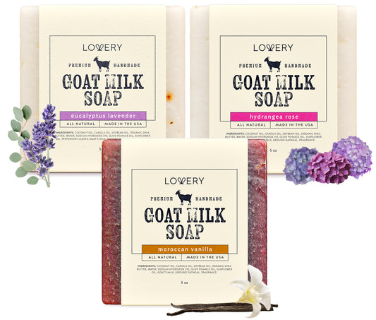 Handmade Goat Milk Soap Bars with Organic Shea Butter - 3pack Eucalyptus Lavender, Moroccan Vanilla, Hydrangea Rose Scents Walking by a floral garden surrounded by nature's beauty