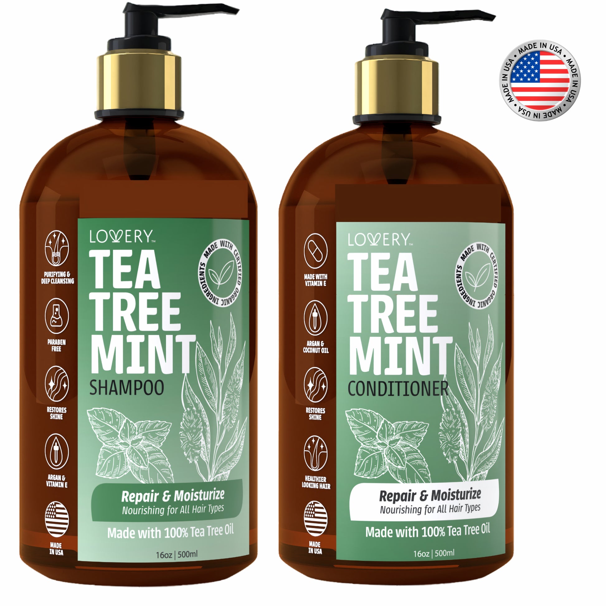 tea tree lavender mint shampoo and conditioner duo set Lovery Tea Tree Mint Shampoo And Conditioner Gift Set, Made In USA, 32 oz, 16 Ounces