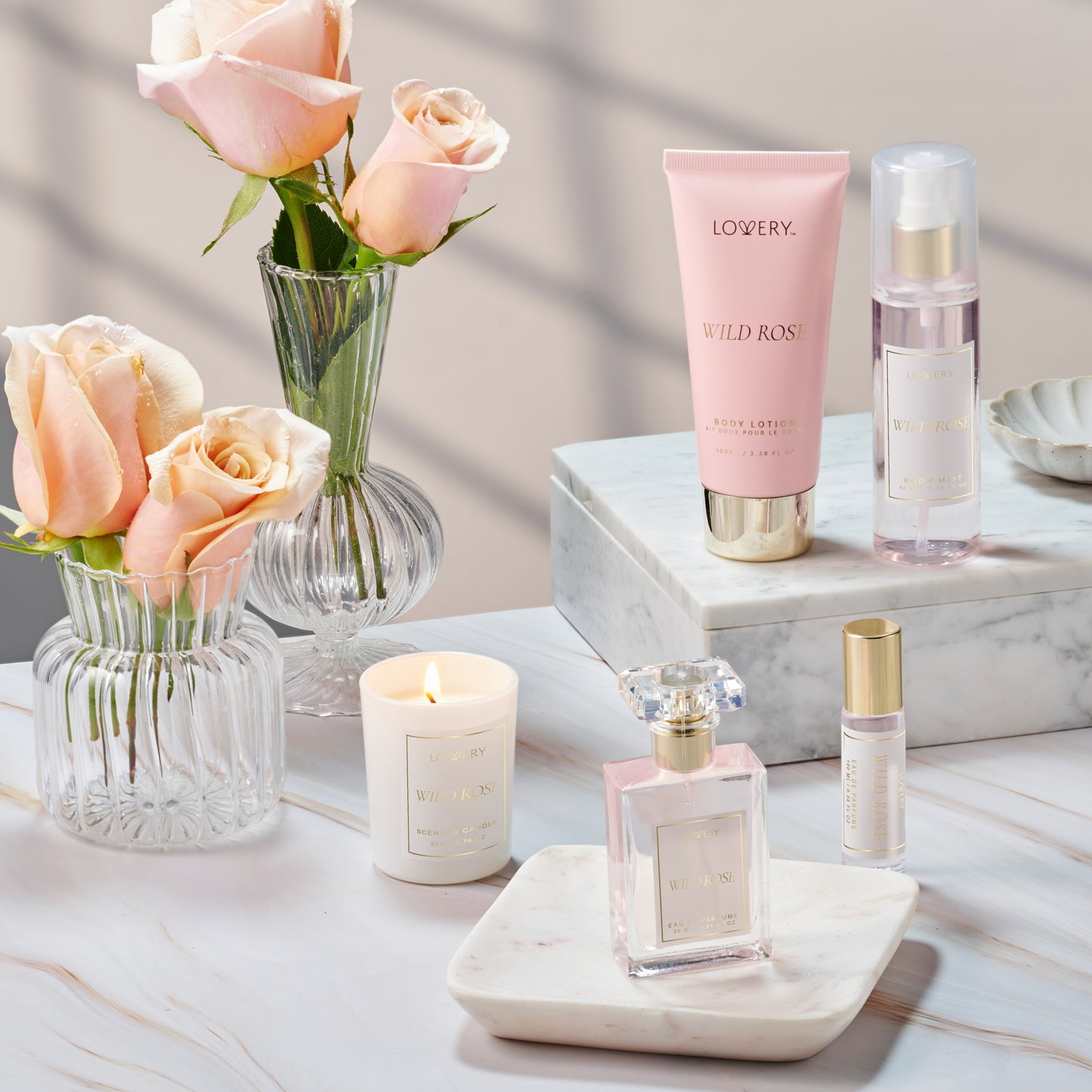 Wild Rose Bath and Body Care Fragrance Set, Luxury Gift Set with Soy Candle and more