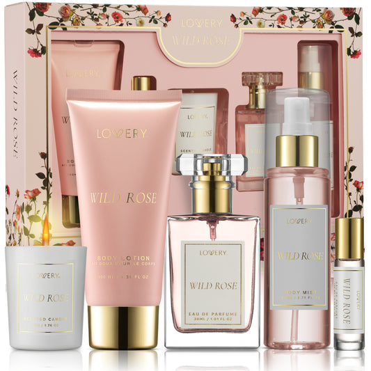 Wild Rose Bath and Body Care Fragrance Set, Luxury Gift Set with Soy Candle and more