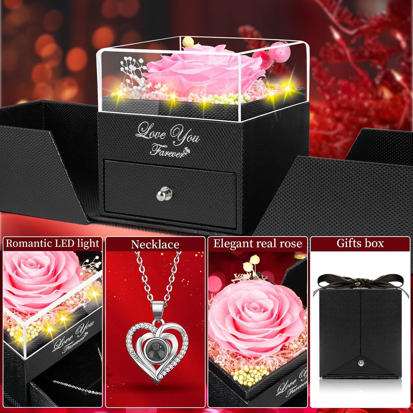 Lovery Preserved Pink Rose with LED Lights and Double Heart Necklace - I Love You in 100 Languages, Valentines Day Gift for Her