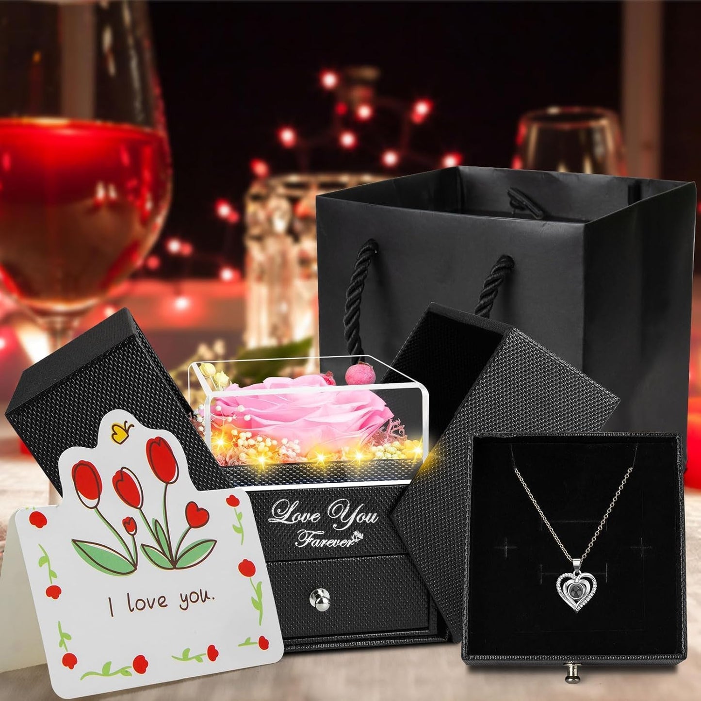 Lovery Preserved Pink Rose with LED Lights and Double Heart Necklace - I Love You in 100 Languages, Valentines Day Gift for Her