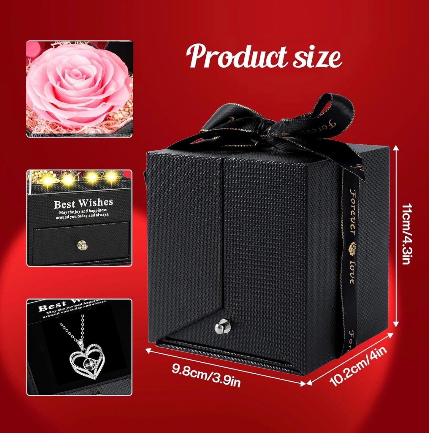 Lovery Preserved Pink Rose with LED Lights and Double Heart Necklace - I Love You in 100 Languages, Valentines Day Gift for Her