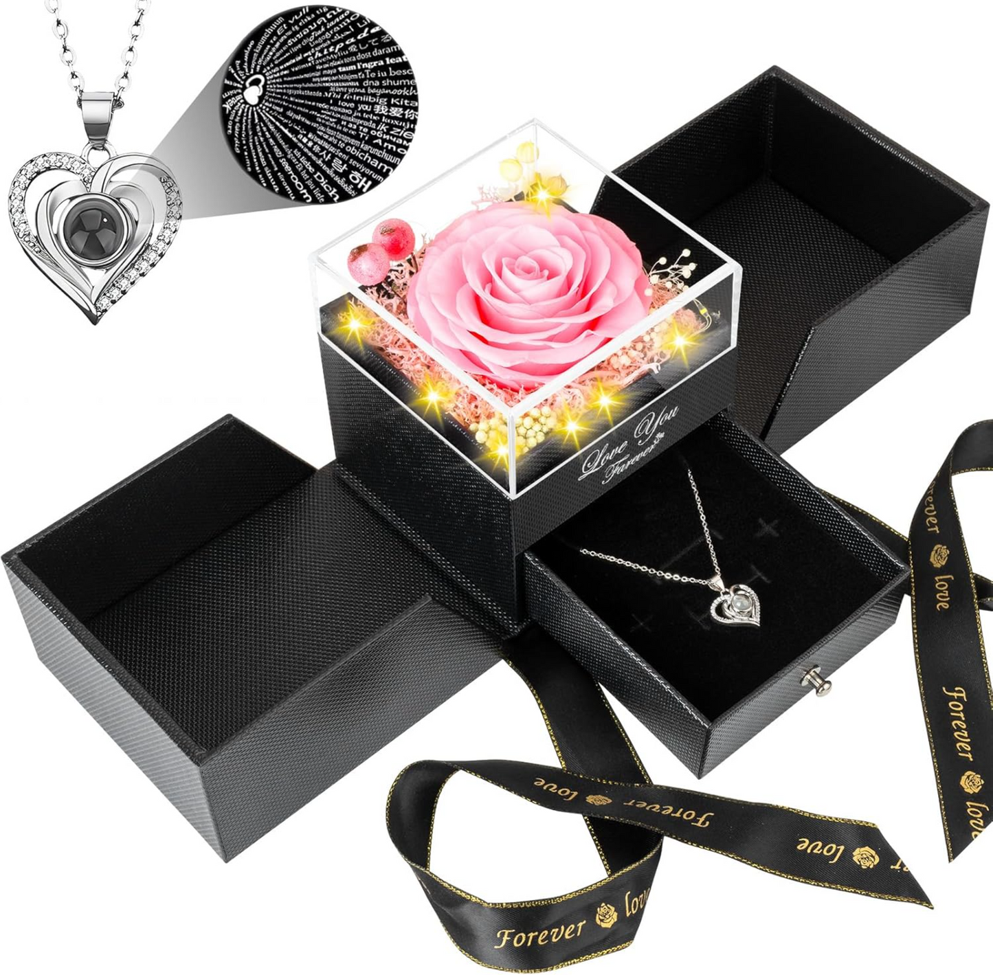 Lovery Preserved Pink Rose with LED Lights and Double Heart Necklace - I Love You in 100 Languages, Valentines Day Gift for Her