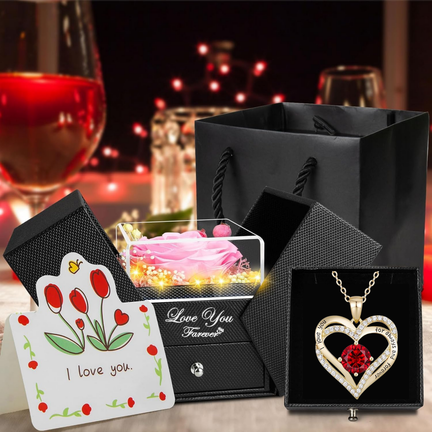 Lovery Preserved Pink Rose with LED Lights and 14K Gold Plated Double Heart Ruby Necklace - Valentines Day Gift for Her