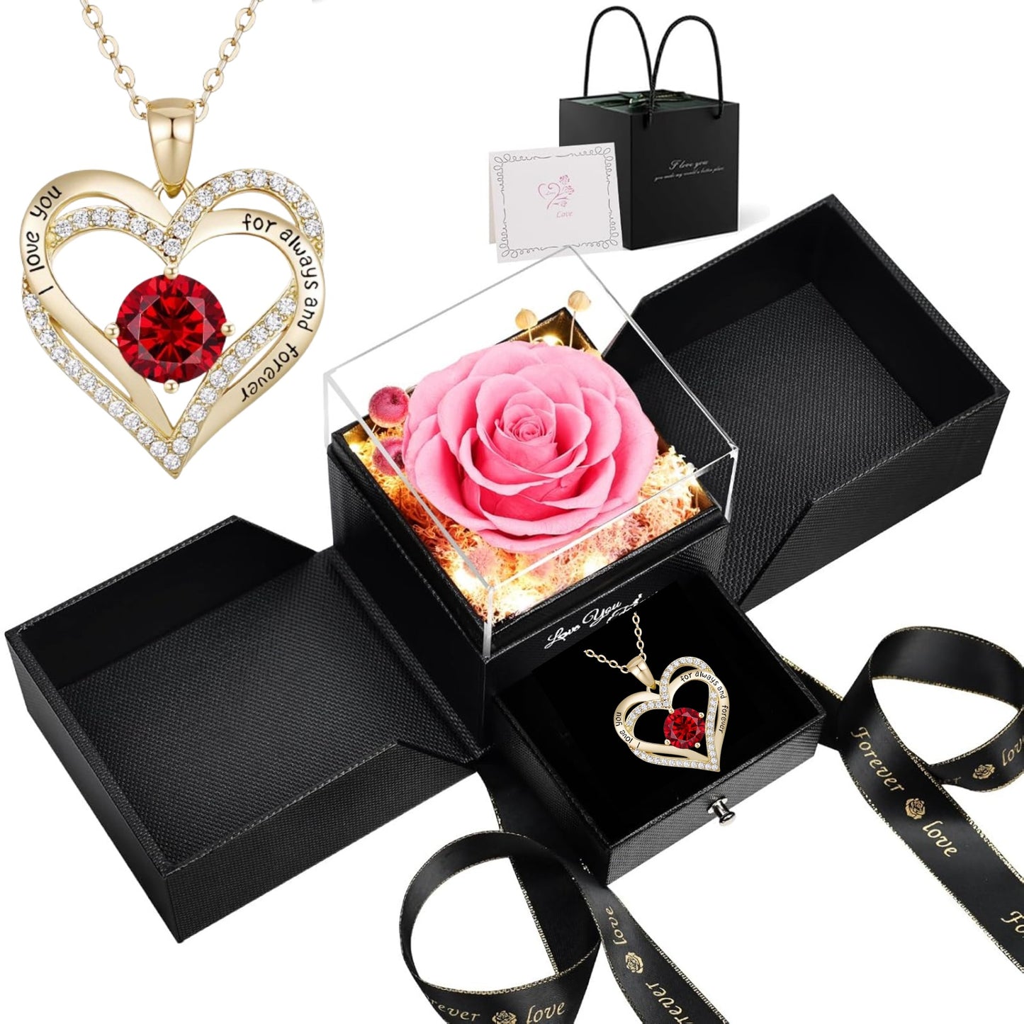 Lovery Preserved Pink Rose with LED Lights and 14K Gold Plated Double Heart Ruby Necklace - Valentines Day Gift for Her
