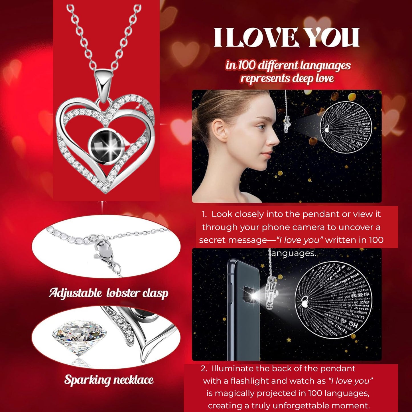 Lovery Preserved Red Rose with LED Lights and Double Heart Necklace - I Love You in 100 Languages, Valentines Day Gift for Her