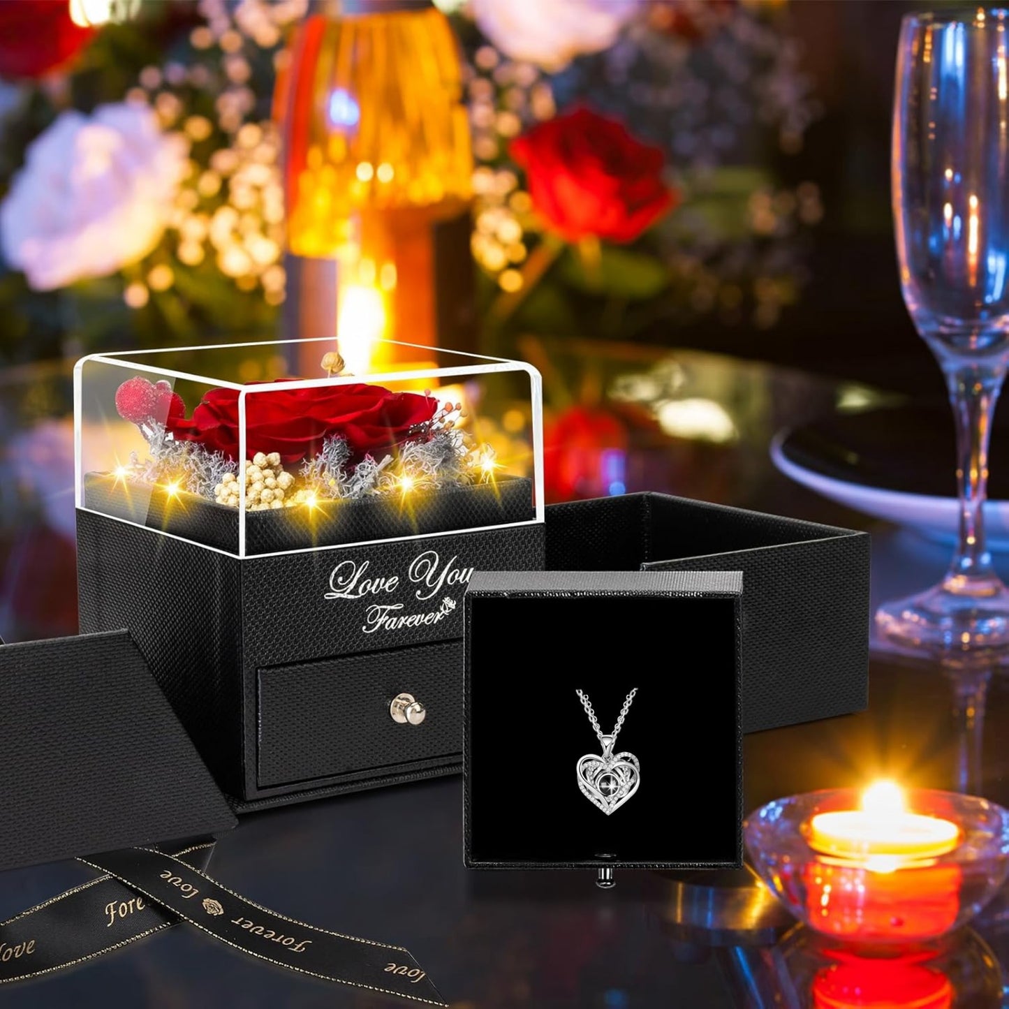Lovery Preserved Red Rose with LED Lights and Double Heart Necklace - I Love You in 100 Languages, Valentines Day Gift for Her