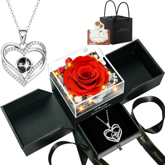 Lovery Preserved Red Rose with LED Lights and Double Heart Necklace - I Love You in 100 Languages, Valentines Day Gift for Her