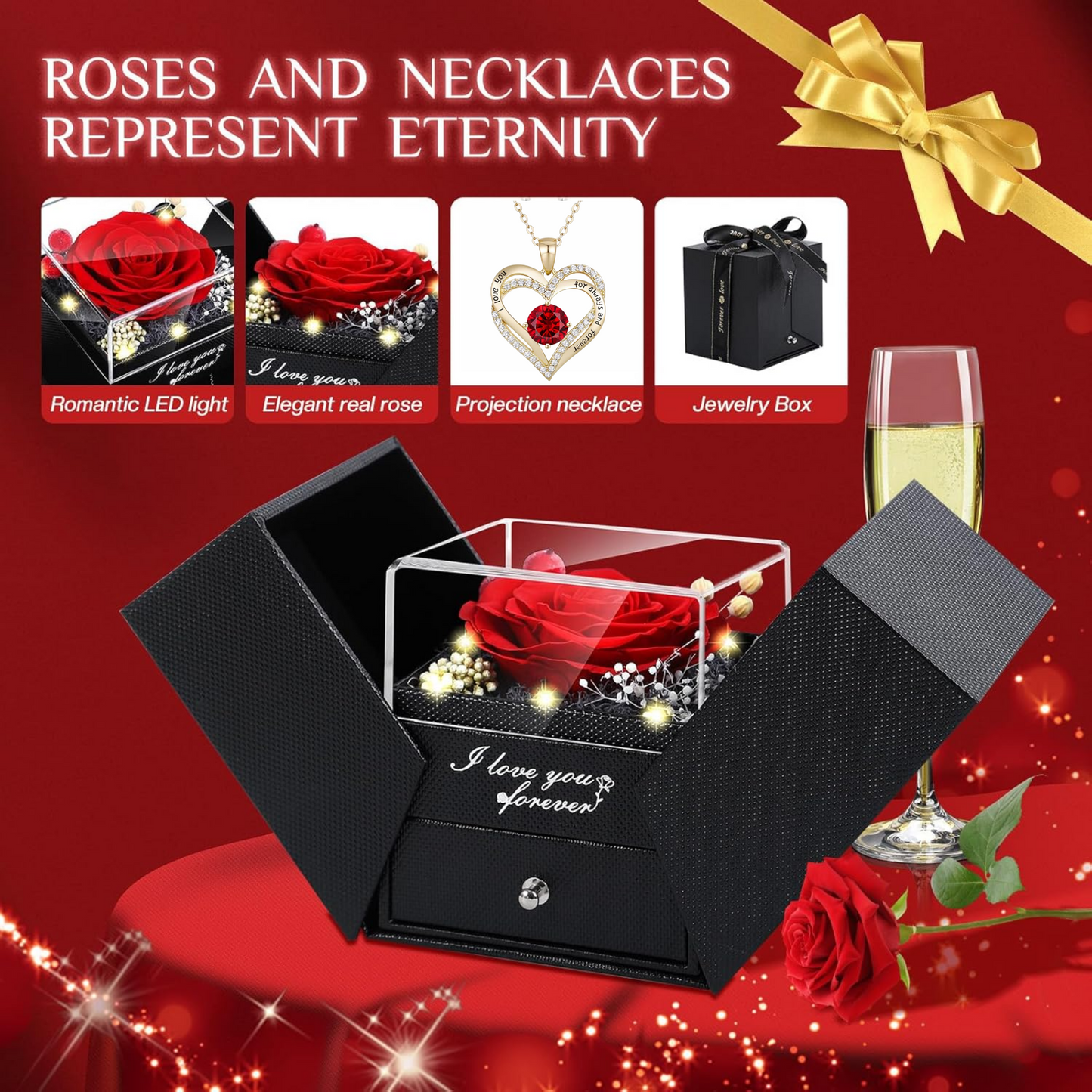 Lovery Preserved Red Rose with LED Lights and 14K Gold Plated Double Heart Ruby Necklace, Valentines Day Gift