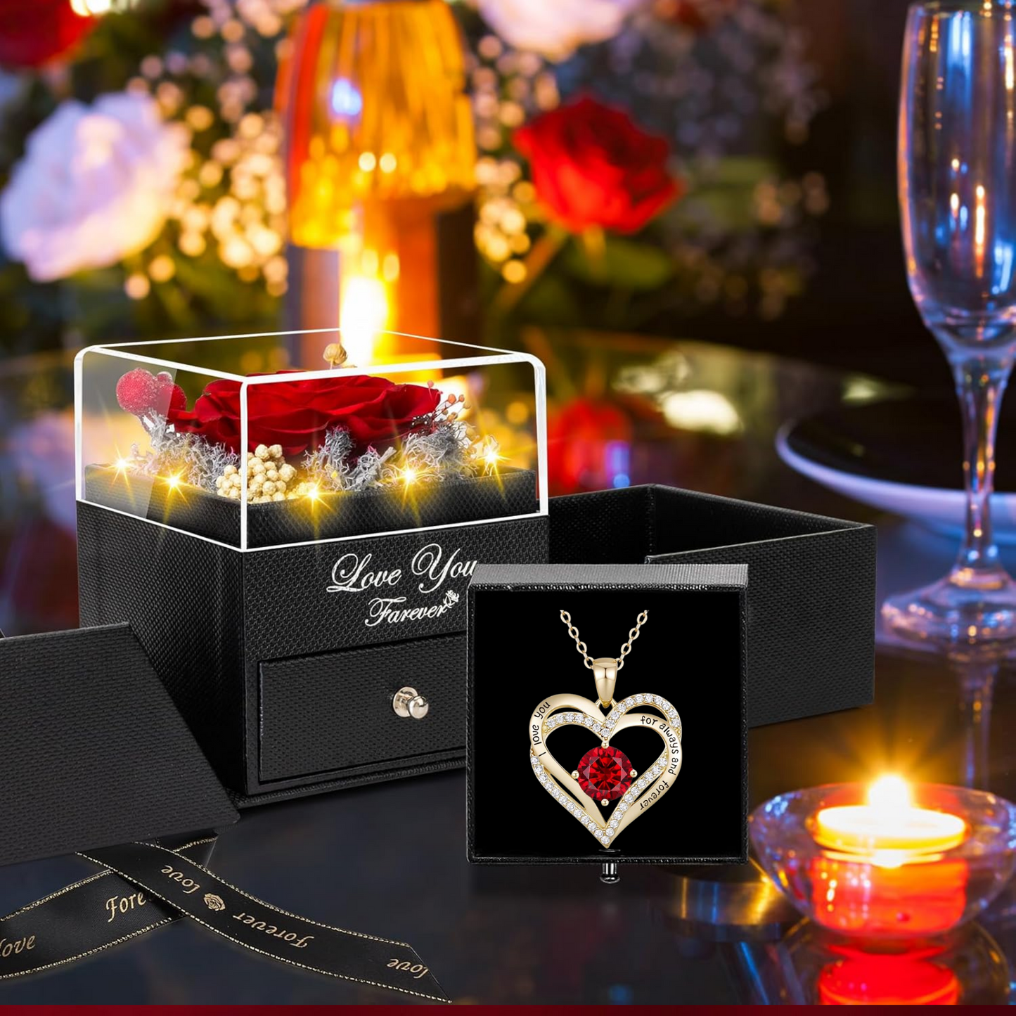 Lovery Preserved Red Rose with LED Lights and 14K Gold Plated Double Heart Ruby Necklace, Valentines Day Gift