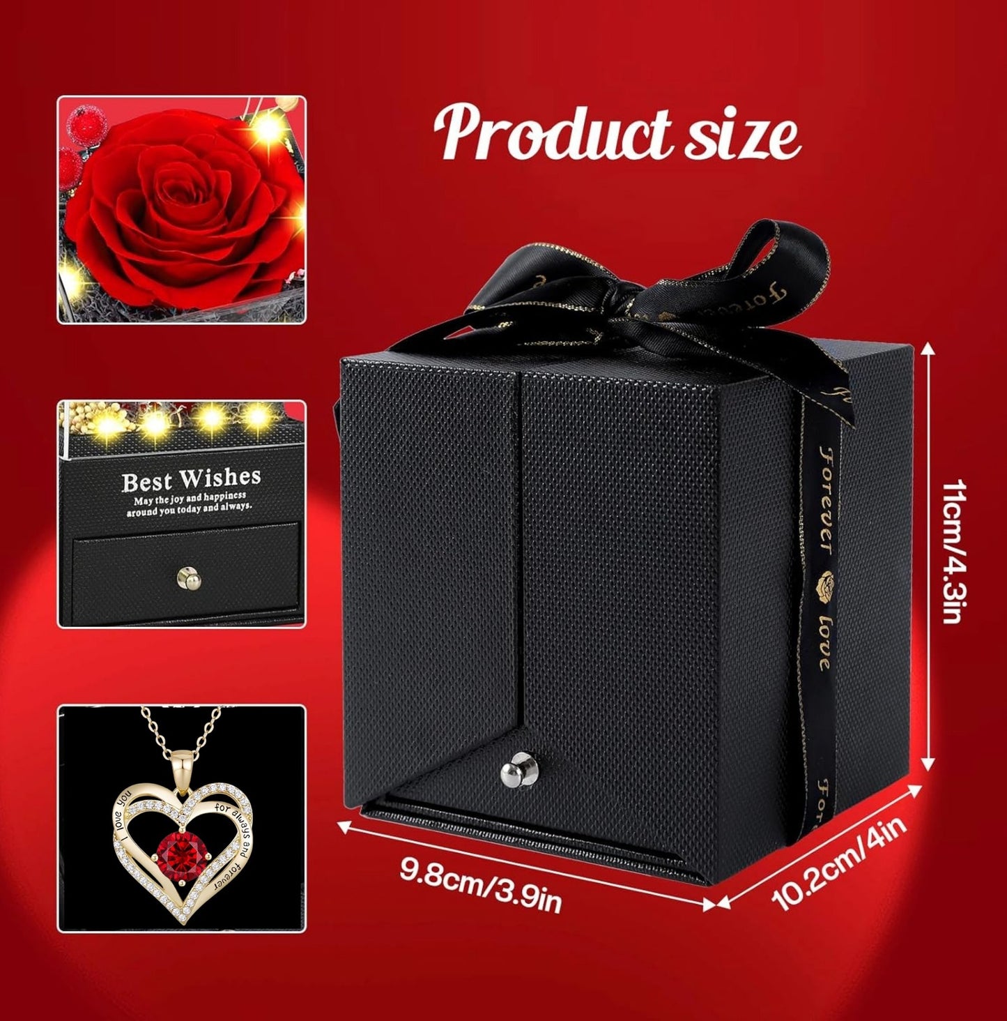 Lovery Preserved Red Rose with LED Lights and 14K Gold Plated Double Heart Ruby Necklace, Valentines Day Gift