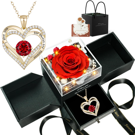 Lovery Preserved Red Rose with LED Lights and 14K Gold Plated Double Heart Ruby Necklace, Valentines Day Gift