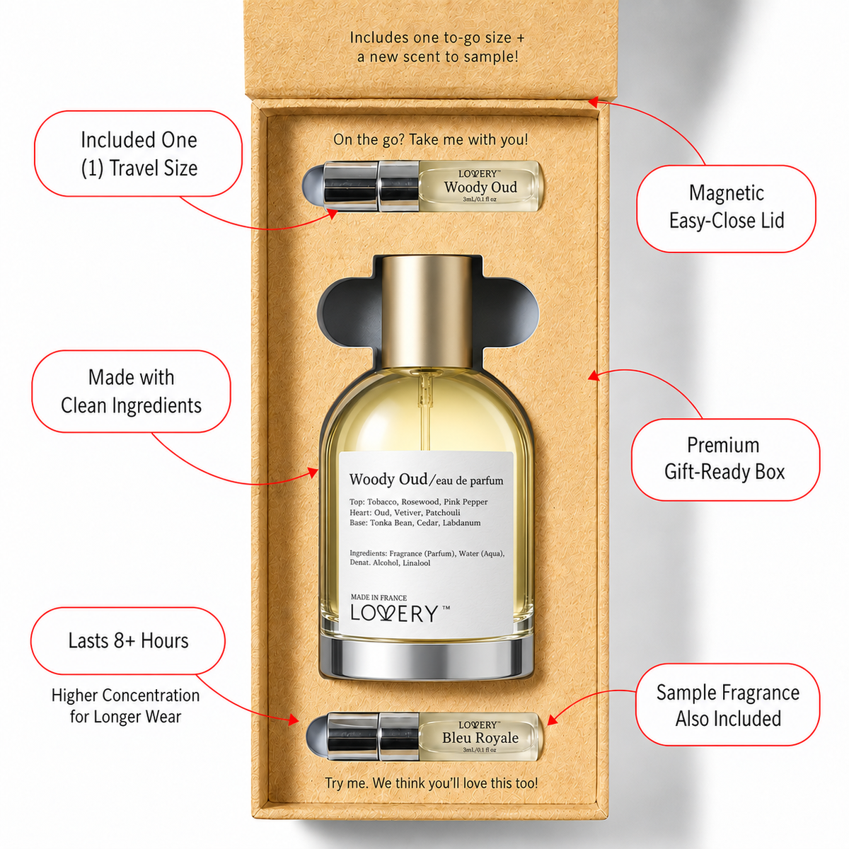 LoveryPlus Woody Oud Eau de Parfum 3pc. Fragrance Gift Set - Inspired by Tom Ford Oud Wood, 3.4 fl oz Perfume Spray