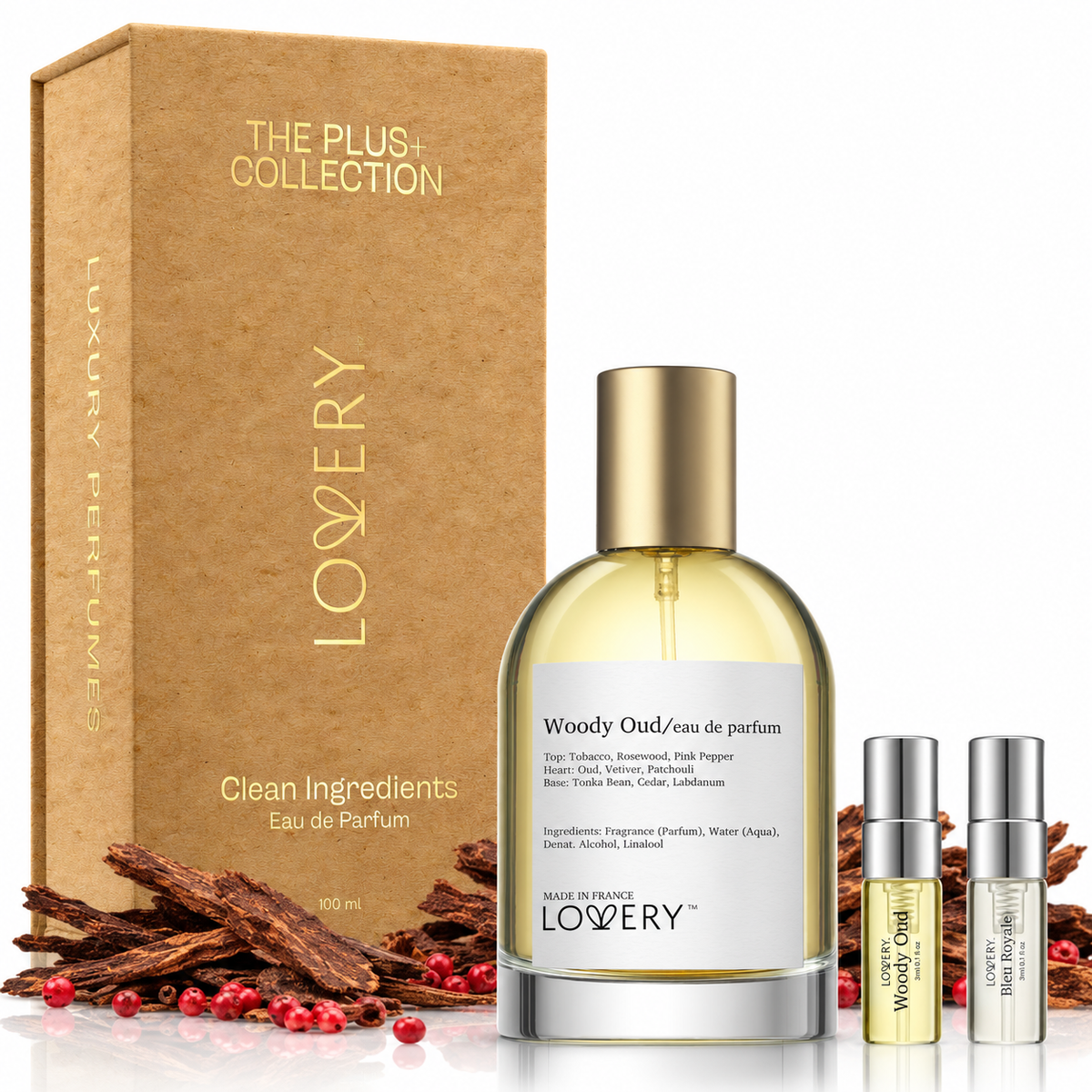 LoveryPlus Woody Oud Eau de Parfum 3pc. Fragrance Gift Set - Inspired by Tom Ford Oud Wood, 3.4 fl oz Perfume Spray