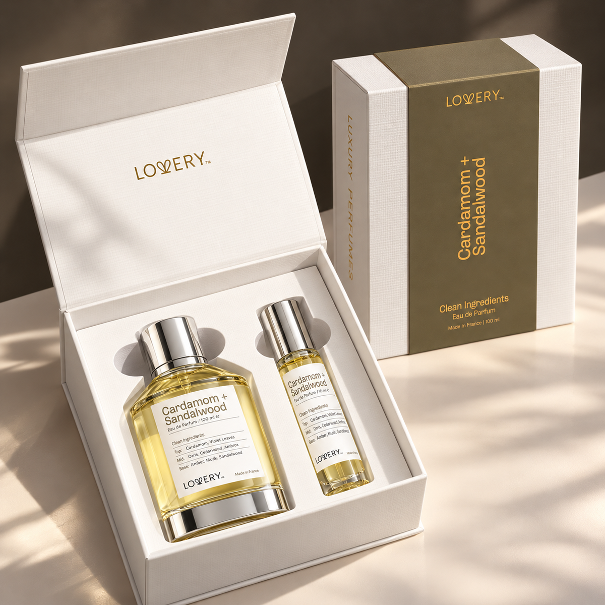 LoveryPlus Cardamom + Sandalwood Eau de Parfum 2pc. Fragrance Gift Set - Inspired by Le Labo Santal 33, 3.4 fl oz Perfume Spray