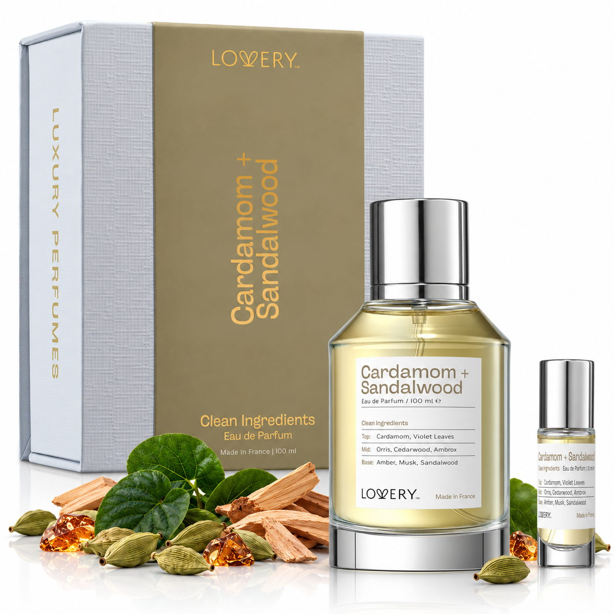LoveryPlus Cardamom + Sandalwood Eau de Parfum 2pc. Fragrance Gift Set - Inspired by Le Labo Santal 33, 3.4 fl oz Perfume Spray