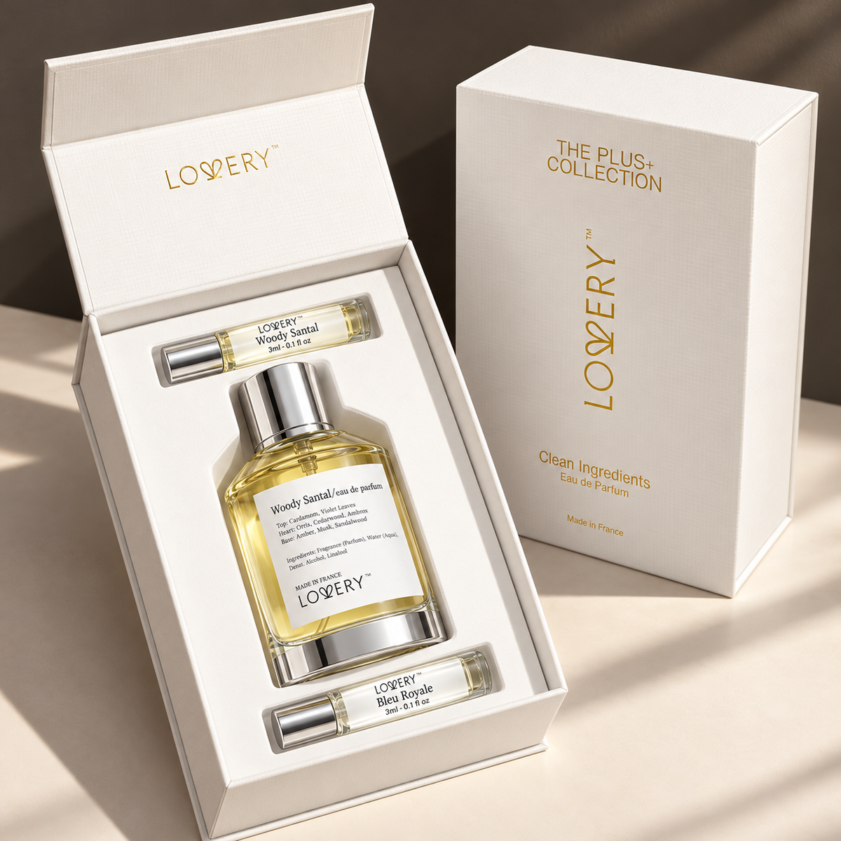 LoveryPlus Woody Santal Eau de Parfum 3pc. Fragrance Gift Set - Inspired by Le Labo Santal 33, 3.4 fl oz Perfume Spray