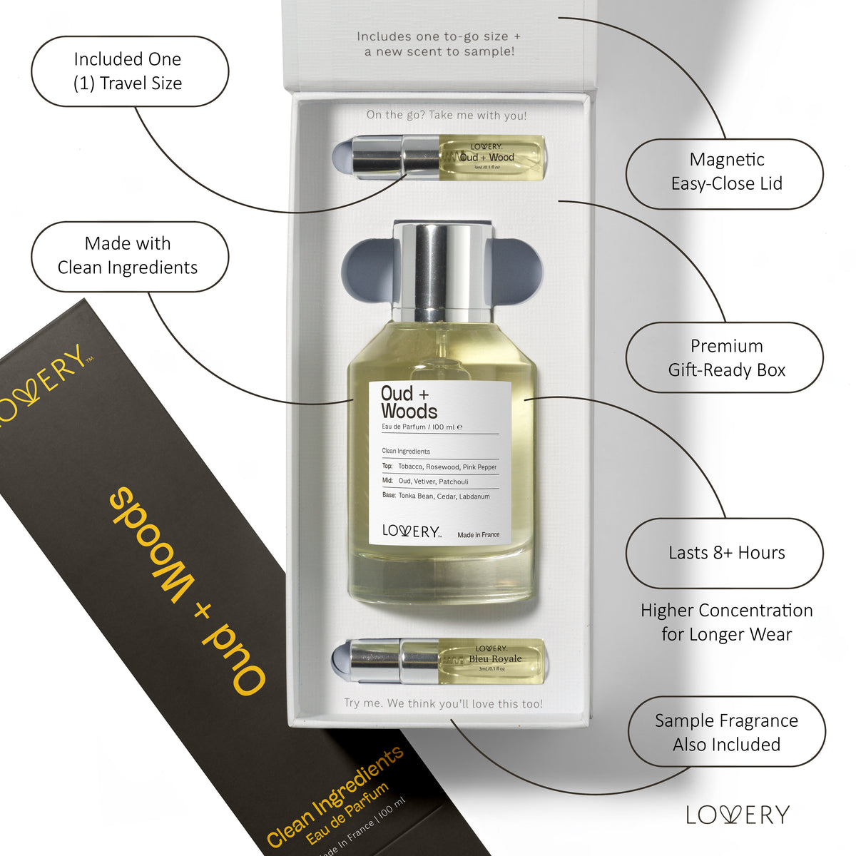 LoveryPlus Oud + Woods Eau de Parfum 3pc. Fragrance Gift Set - Inspired by Tom Ford Oud Wood, 3.4 fl oz Perfume Spray