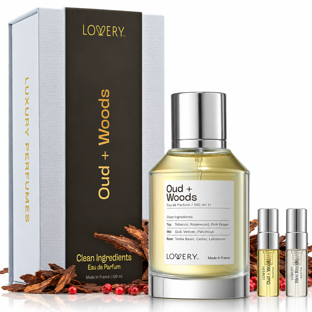 LoveryPlus Oud + Woods Eau de Parfum 3pc. Fragrance Gift Set - Inspired by Tom Ford Oud Wood, 3.4 fl oz Perfume Spray