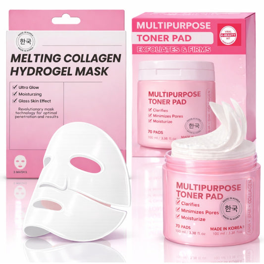 Korean Beauty and Skincare Glass Skin Renewal Set with Collagen Hydrogel Masks and Multipurpose Toner Pads