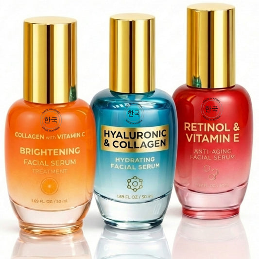 Lovery Korean Skincare 3-Step Facial Serum Set - Retinol, Vitamin C Brightening & Hyaluronic Collagen Hydration for Face