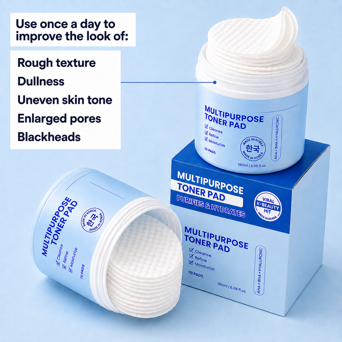 Korean Skin Care Multipurpose Toner Pads with AHA + BHA + Hyaluronic Acid - 70 Resurfacing Toner Pads