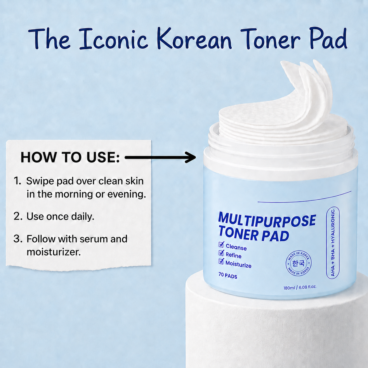 Korean Skin Care Multipurpose Toner Pads with AHA + BHA + Hyaluronic Acid - 70 Resurfacing Toner Pads