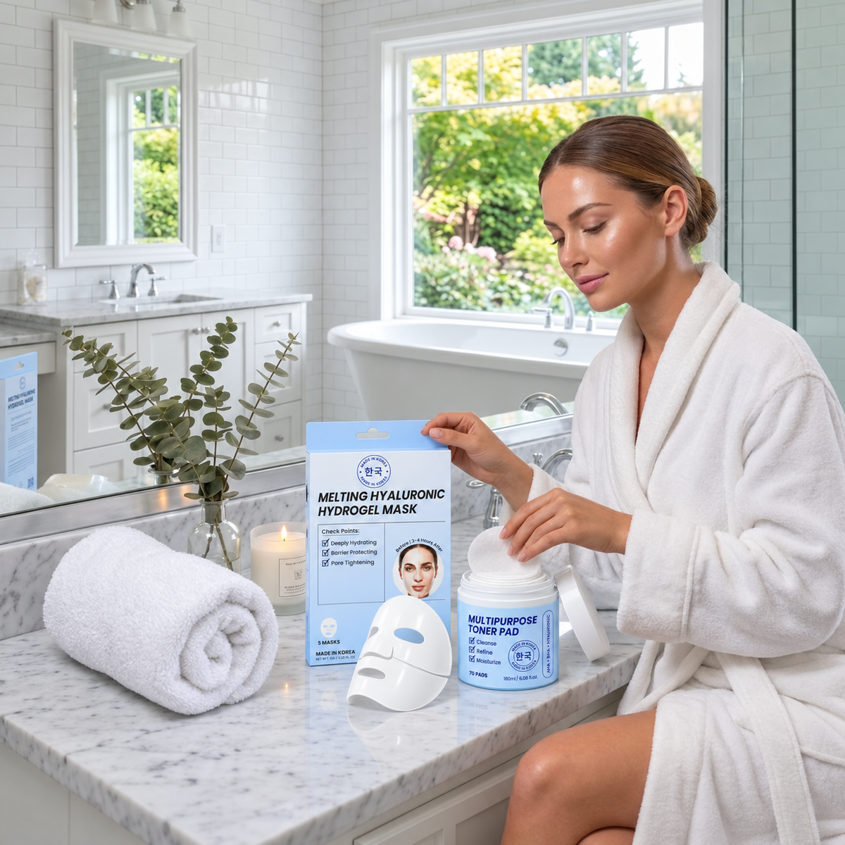 Korean Beauty Glass Skincare Renewal Set with Multipurpose AHA + BHA + Hyaluronic Toner Pads & Melting Hyaluronic Hydrogel Masks - K Beauty Skin Care