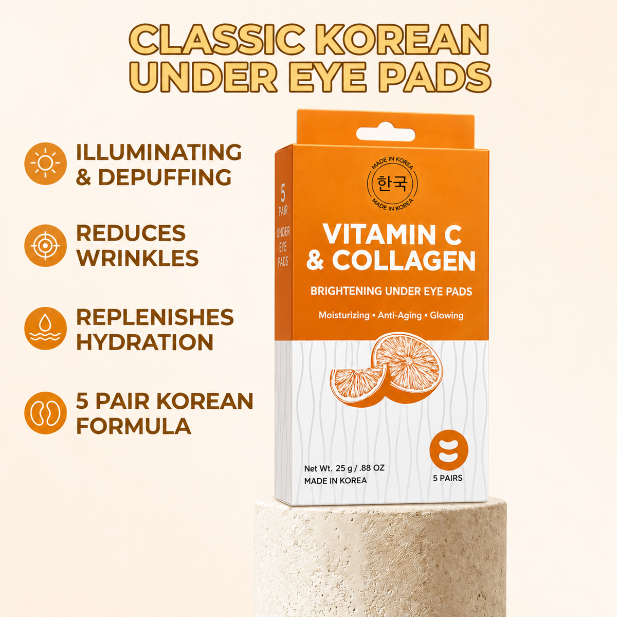 Korean Vitamin C & Collagen Brightening Under Eye Pads - 5 Pairs