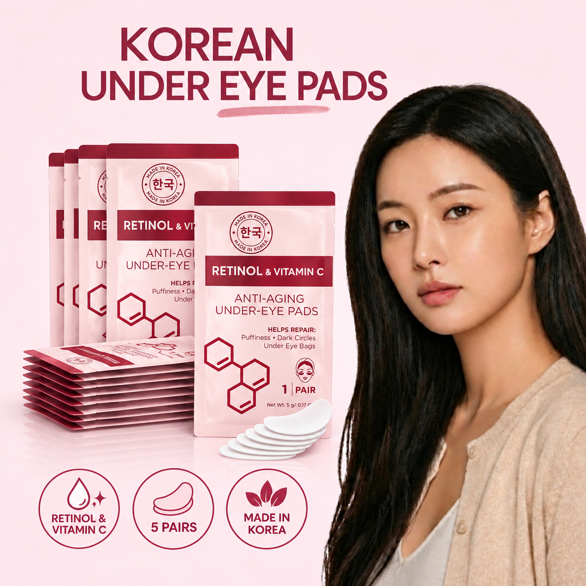 Korean Retinol & Vitamin C Anti-Aging Under Eye Pads - 5 Pairs