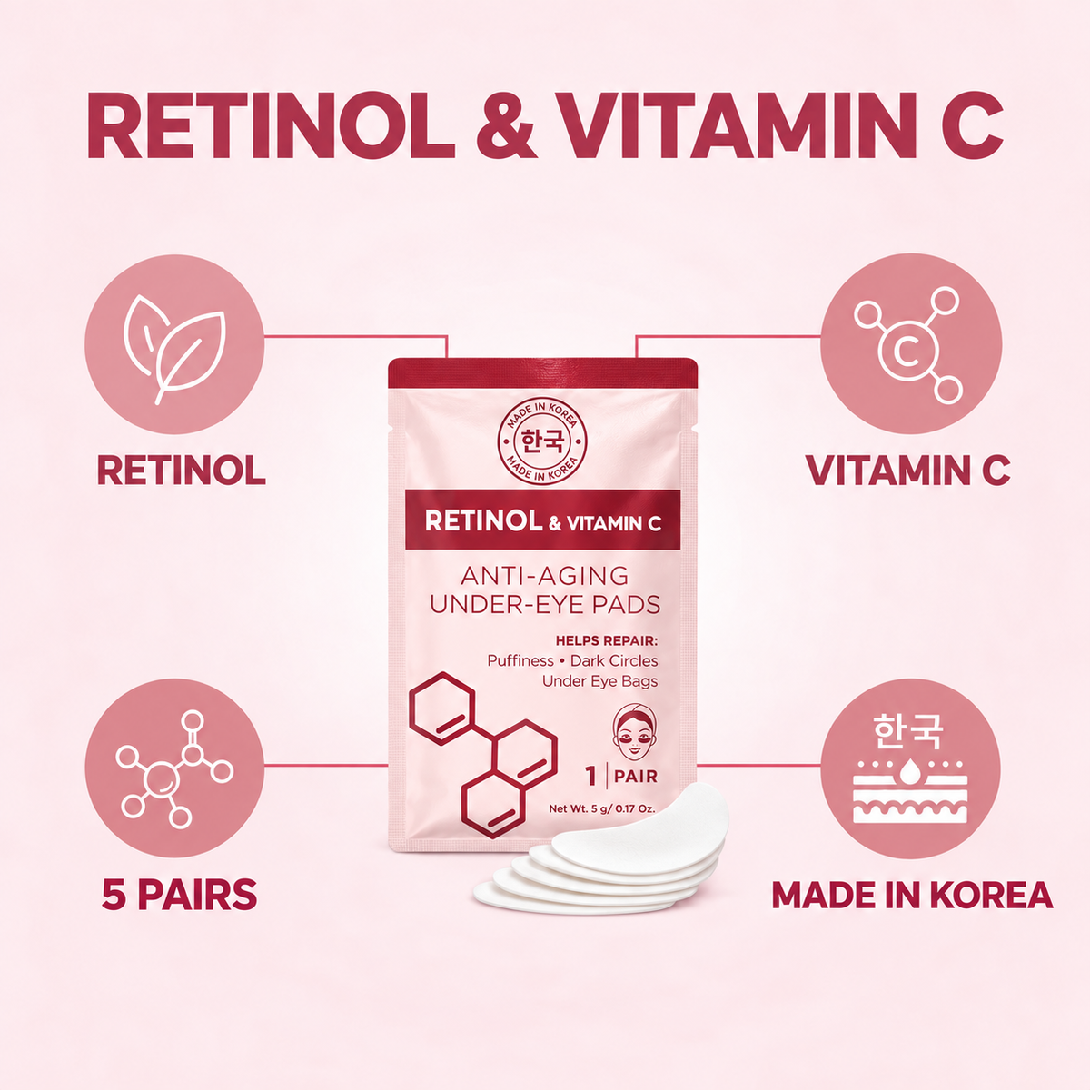 Korean Retinol & Vitamin C Anti-Aging Under Eye Pads - 5 Pairs