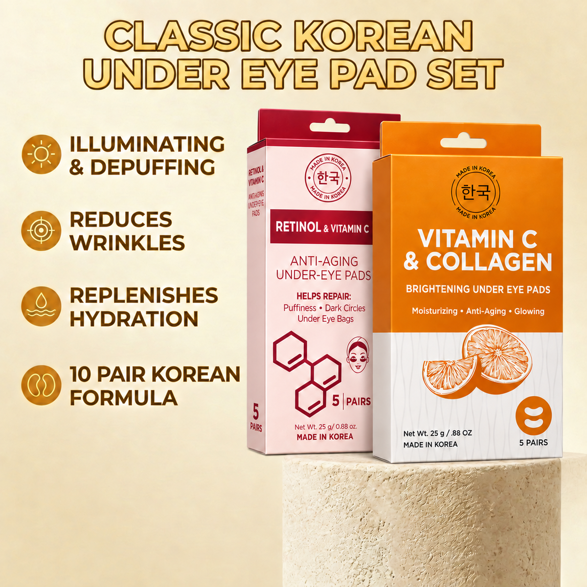 Korean Under Eye Pad Duo - Vitamin C, Collagen & Retinol - 10 Pairs