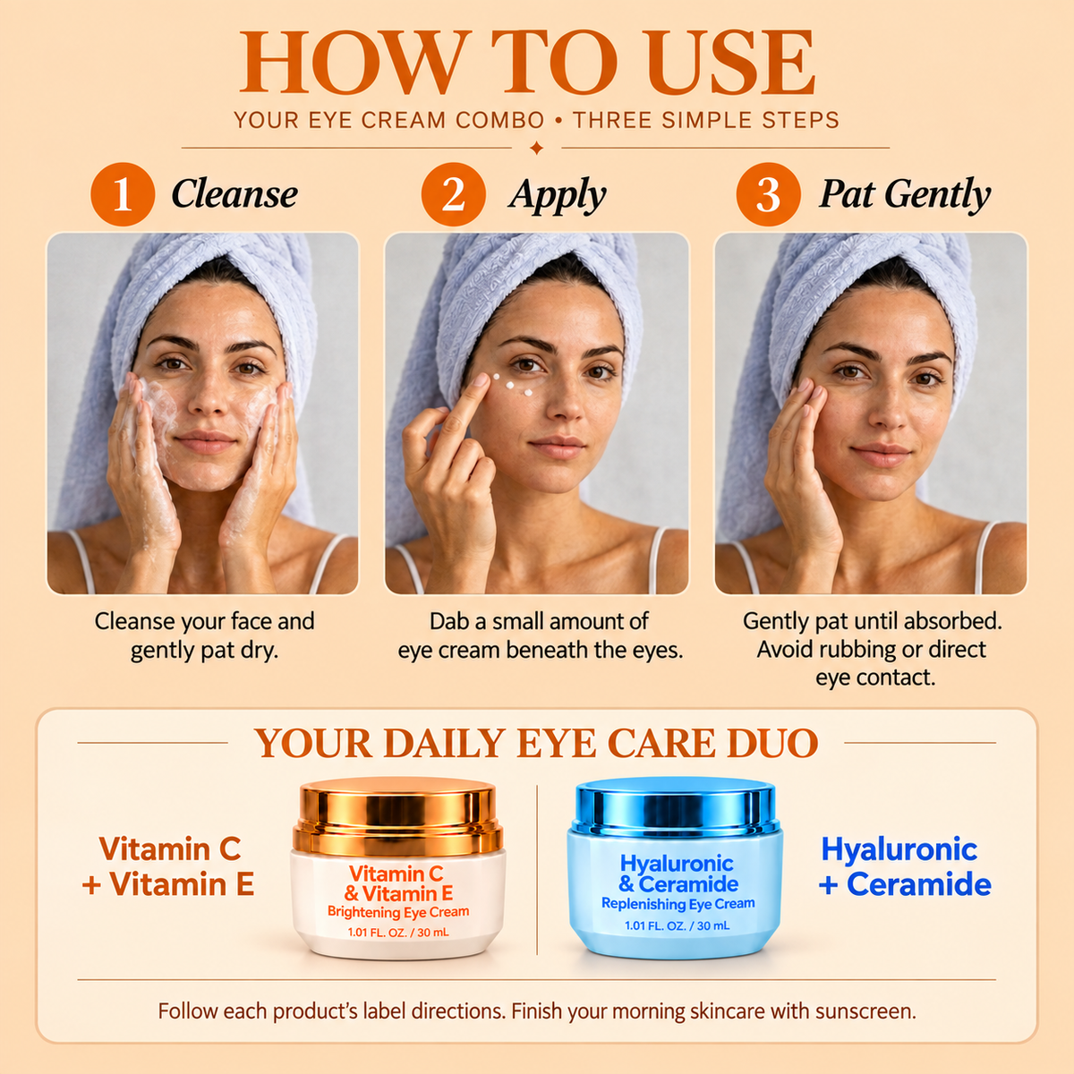 Korean Eye Cream Duo - Vitamin C & E and Hyaluronic Acid & Ceramide - 2 x 30 mL