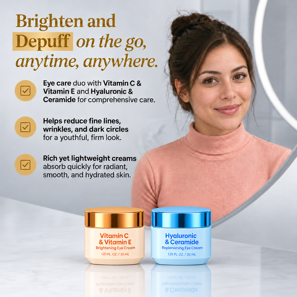 Korean Eye Cream Duo - Vitamin C & E and Hyaluronic Acid & Ceramide - 2 x 30 mL