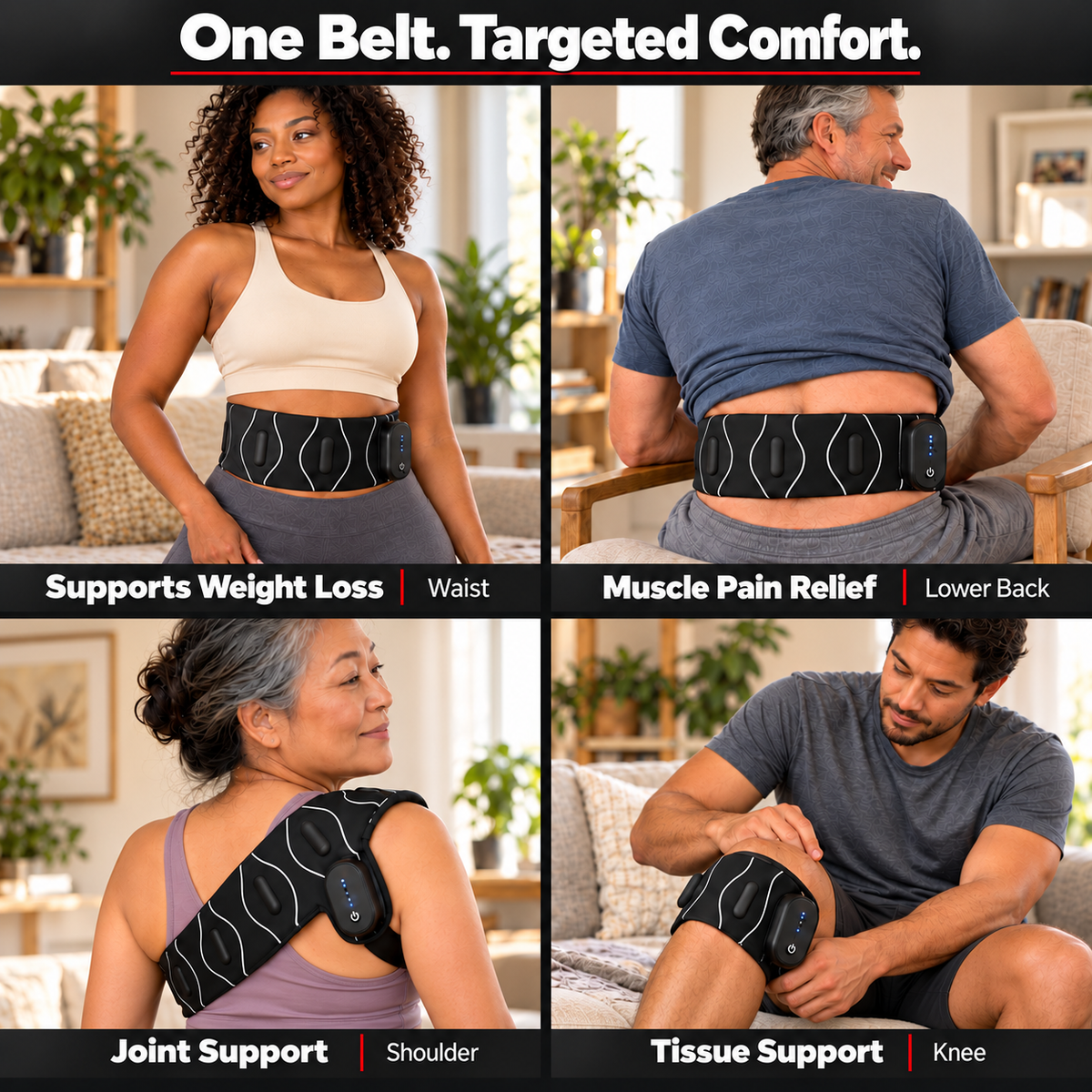 Red Light Therapy Silicone Belt, 630nm Red & 850nm Near Infrared Vibration Massage, 122 Triple-Chip LEDs for Pain Relief Waist, Back, Shoulder & Knee