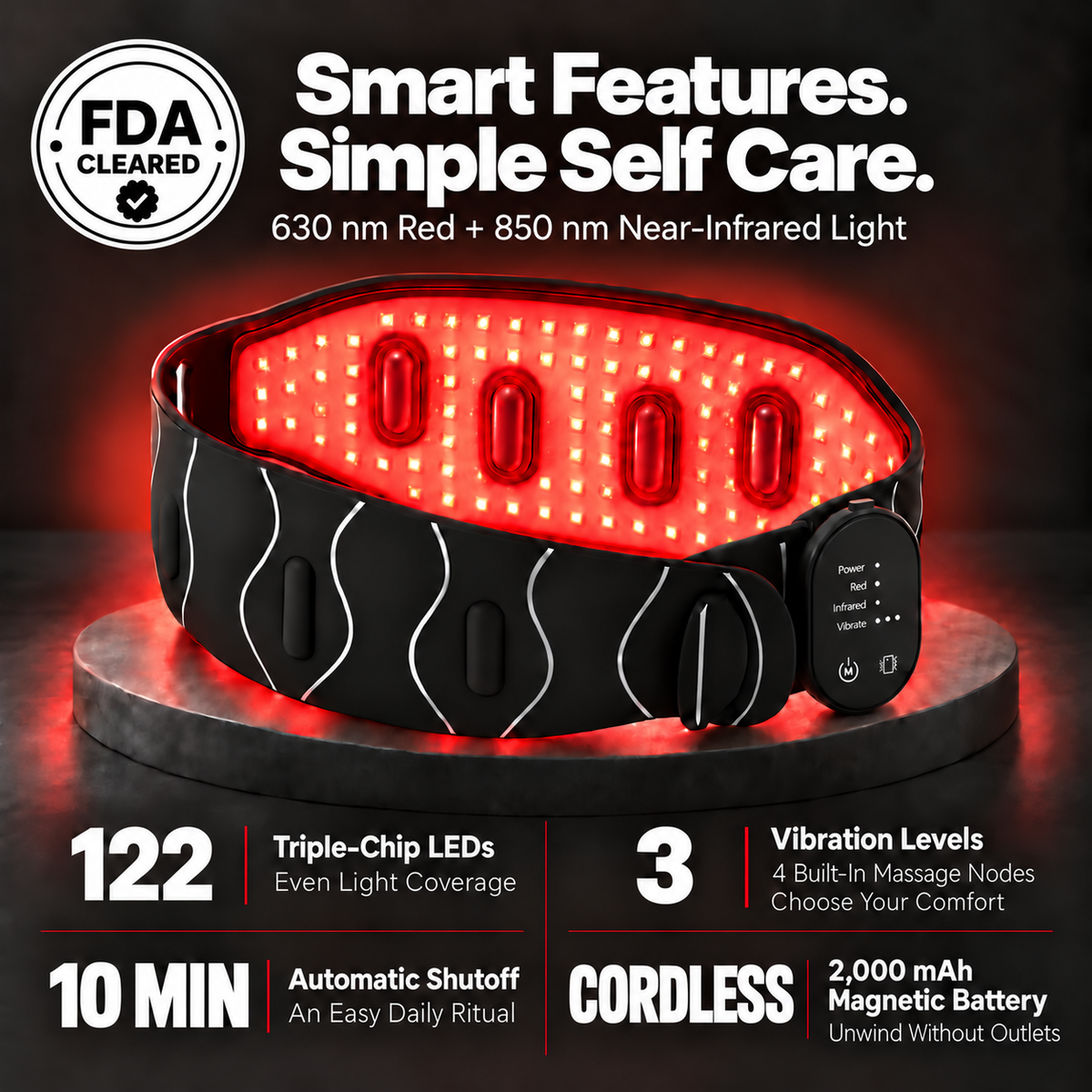 Red Light Therapy Silicone Belt, 630nm Red & 850nm Near Infrared Vibration Massage, 122 Triple-Chip LEDs for Pain Relief Waist, Back, Shoulder & Knee