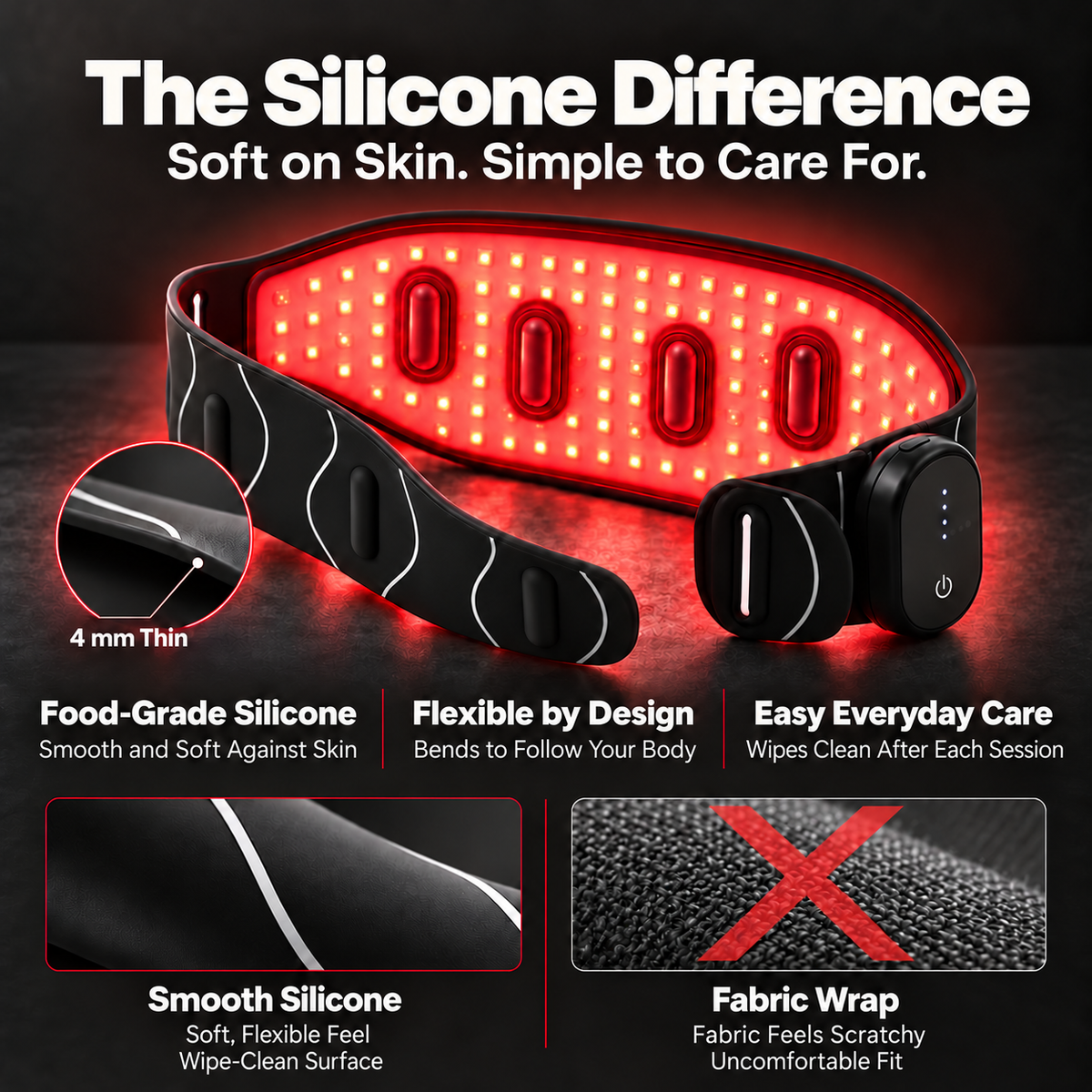Red Light Therapy Silicone Belt, 630nm Red & 850nm Near Infrared Vibration Massage, 122 Triple-Chip LEDs for Pain Relief Waist, Back, Shoulder & Knee