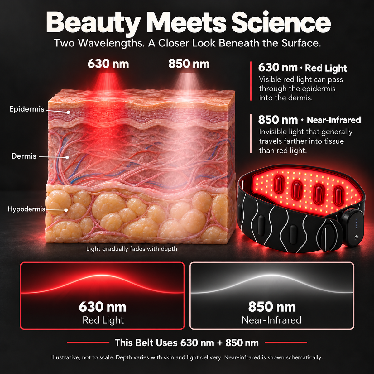 Red Light Therapy Silicone Belt, 630nm Red & 850nm Near Infrared Vibration Massage, 122 Triple-Chip LEDs for Pain Relief Waist, Back, Shoulder & Knee