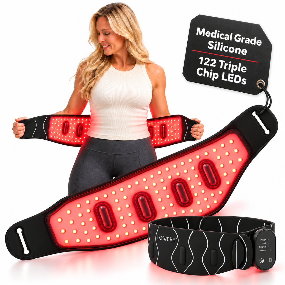 Red Light Therapy Silicone Belt, 630nm Red & 850nm Near Infrared Vibration Massage, 122 Triple-Chip LEDs for Pain Relief Waist, Back, Shoulder & Knee