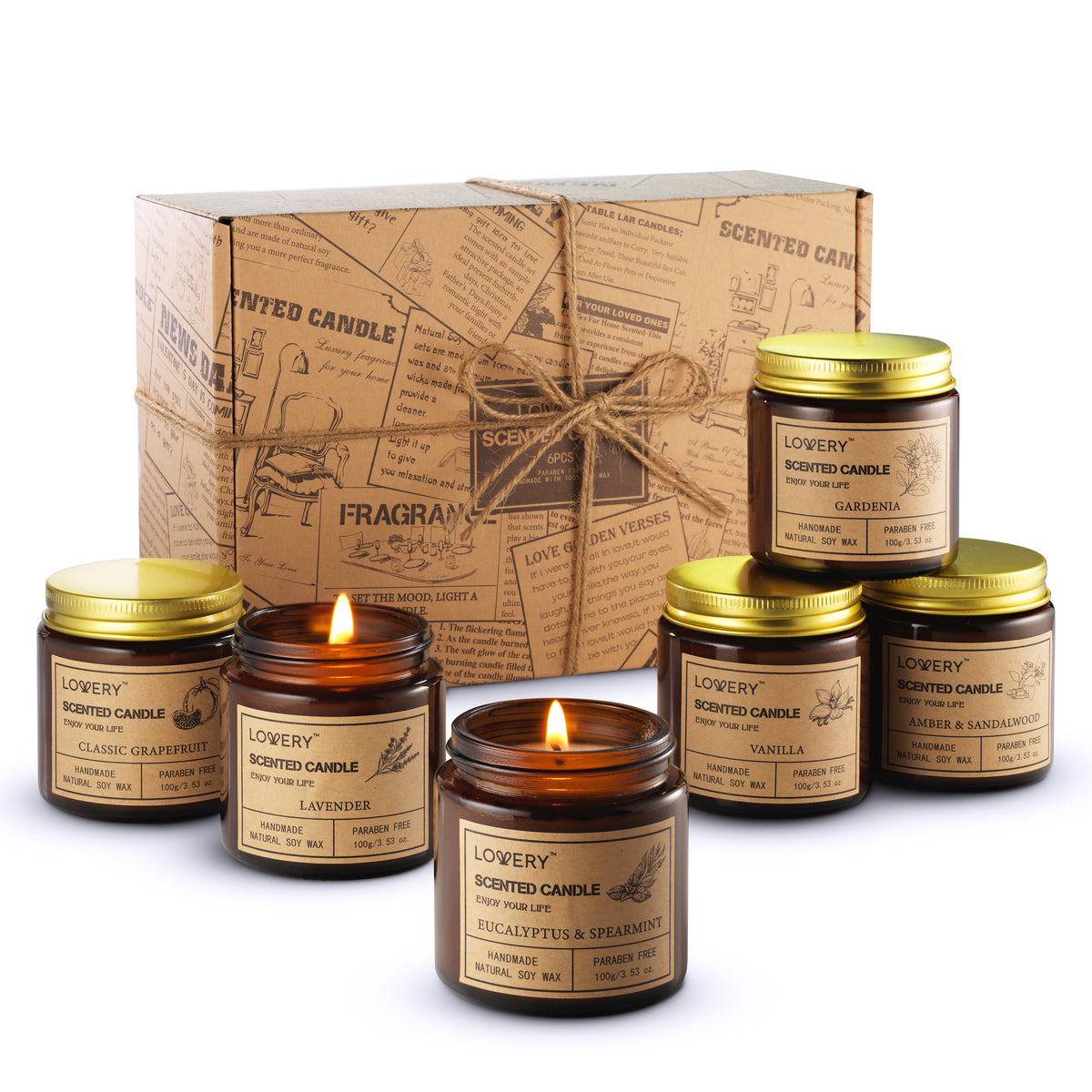 Lovery Womens Christmas Gifts, Soy Candles, 6 Pack Scented Candles Gifts for Women and Men, Home Aromatherapy Candle. Wax Long Lasting Amber Jar